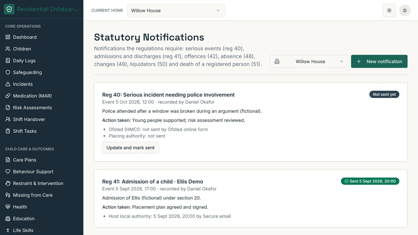 Register of statutory notifications to Ofsted and local authorities