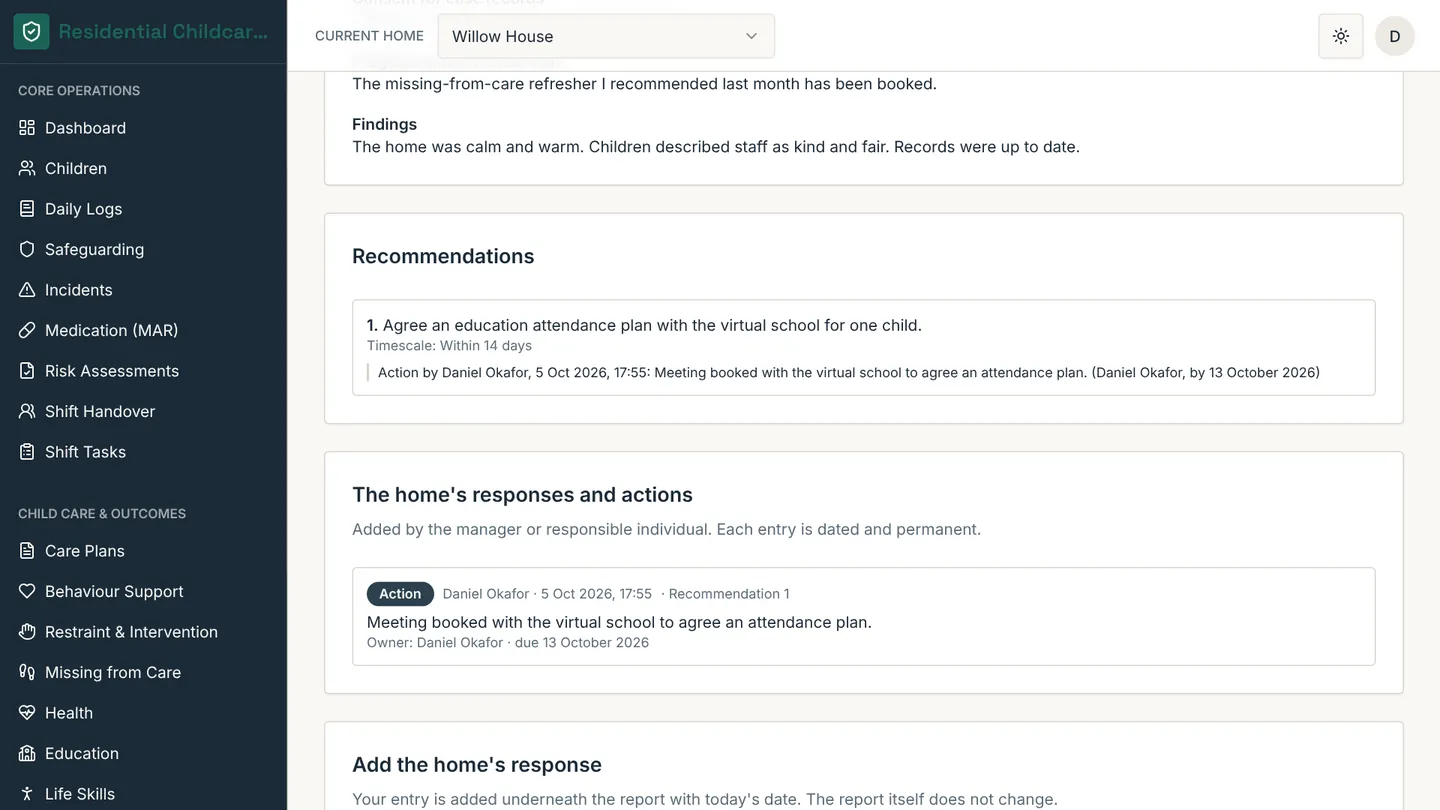 The home's dated responses and actions under the sealed report